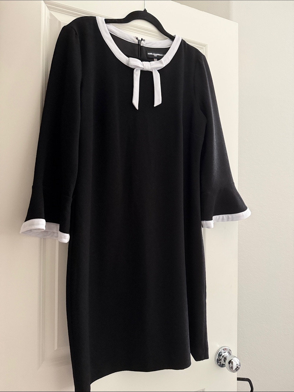 Karl Lagerfeld Black Dress with White Tie and Cuff Trim